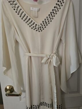 MM Couture Cream Long Sleeve V-Neck Dress with Silver Studs